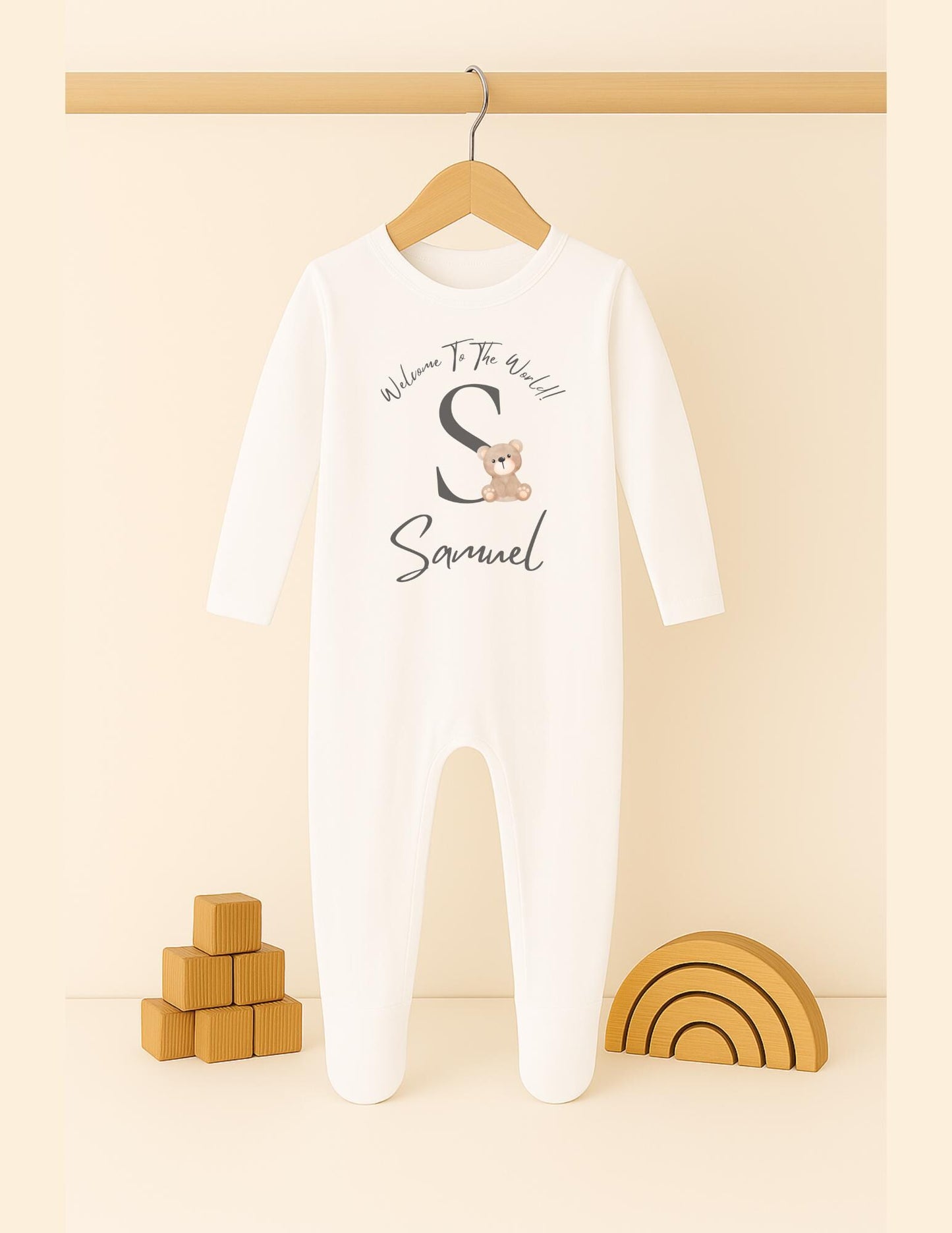 Personalised baby name bodysuit, Customisable baby name reveal sleep suit, Welcome to the world new baby vest, Baby bear grow gift