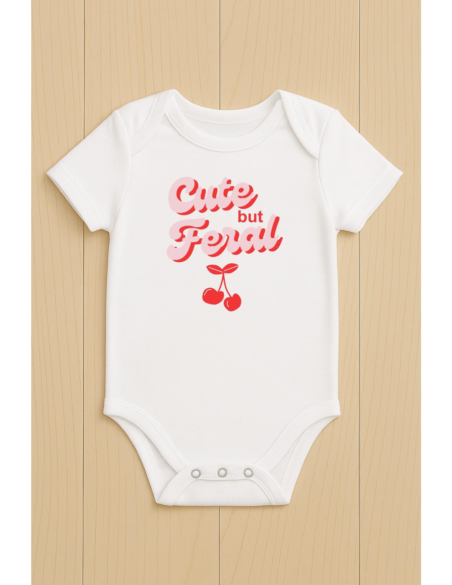 Cute but Feral T-shirt - Funny kids top - Cute cherry pattern - Children's T-shirt Gift - Pink and Red - Present for Girls