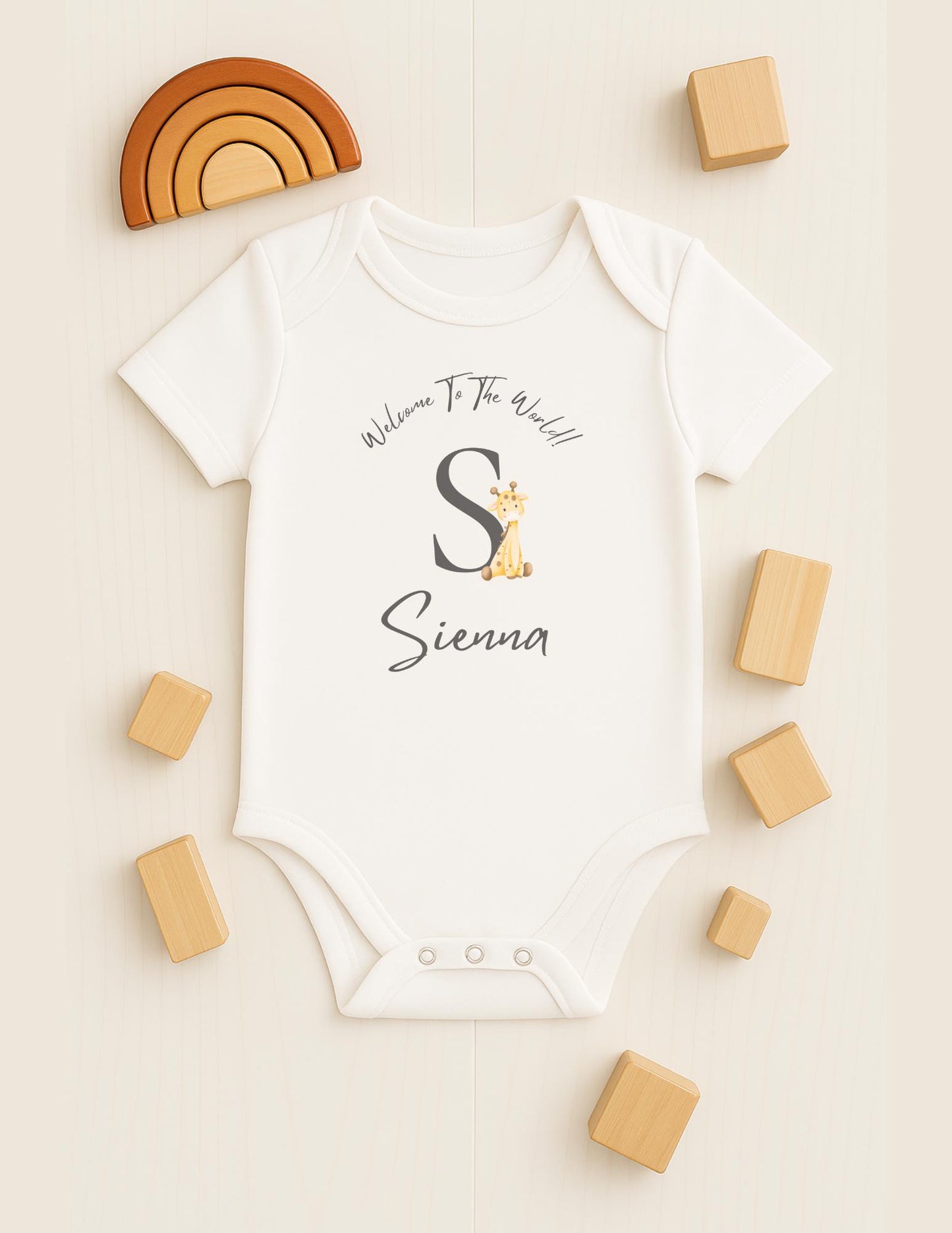 Personalised baby name bodysuit, Customisable giraffe name reveal sleep suit, Welcome to the world new baby vest, Baby grow, Baby shower gift