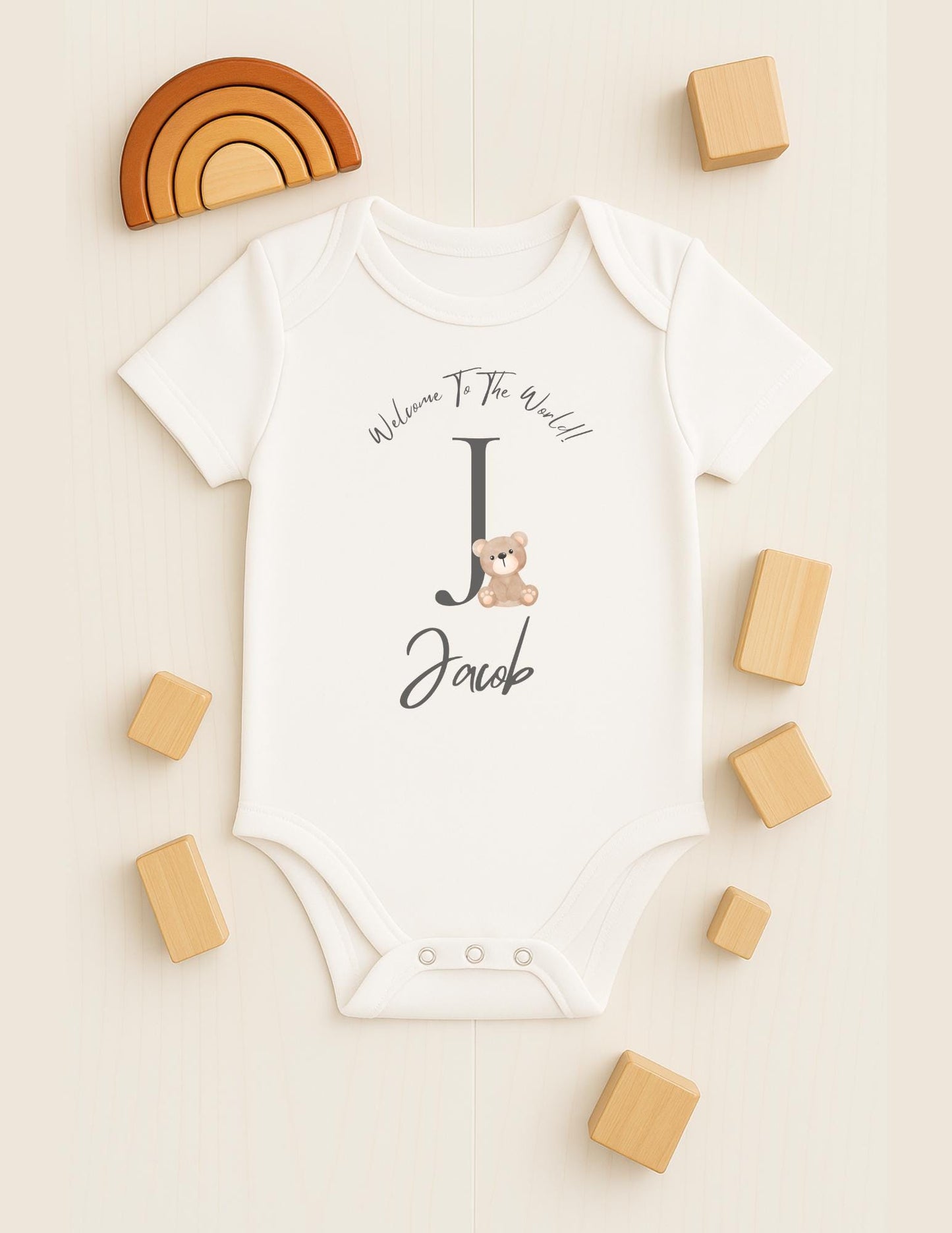 Personalised baby name bodysuit, Customisable baby name reveal sleep suit, Welcome to the world new baby vest, Baby bear grow gift