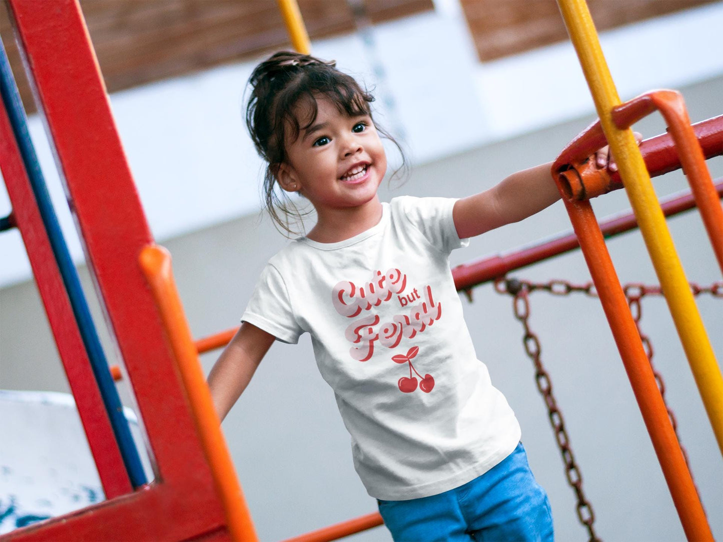 Cute but Feral T-shirt - Funny kids top - Cute cherry pattern - Children's T-shirt Gift - Pink and Red - Present for Girls
