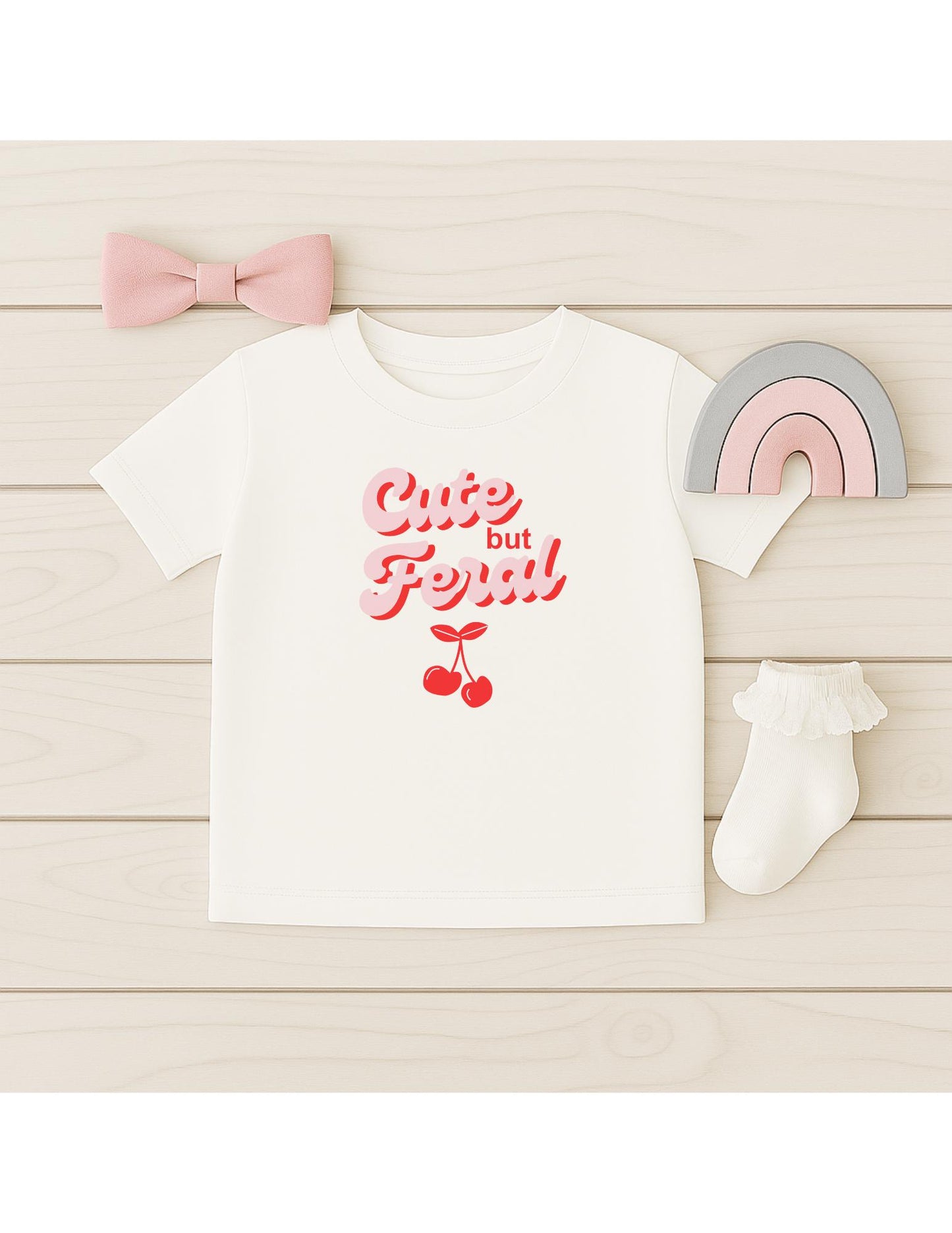 Cute but Feral T-shirt - Funny kids top - Cute cherry pattern - Children's T-shirt Gift - Pink and Red - Present for Girls