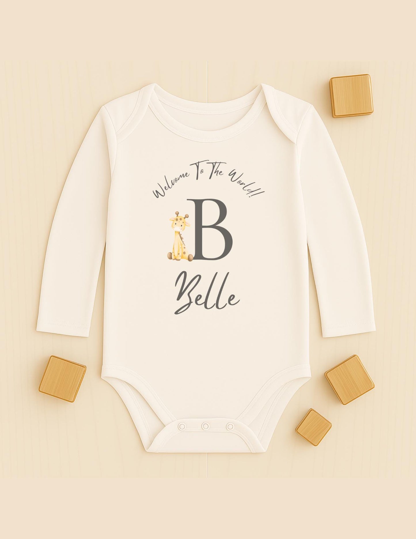 Personalised baby name bodysuit, Customisable giraffe name reveal sleep suit, Welcome to the world new baby vest, Baby grow, Baby shower gift