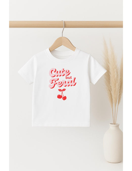 Cute but Feral T-shirt - Funny kids top - Cute cherry pattern - Children's T-shirt Gift - Pink and Red - Present for Girls