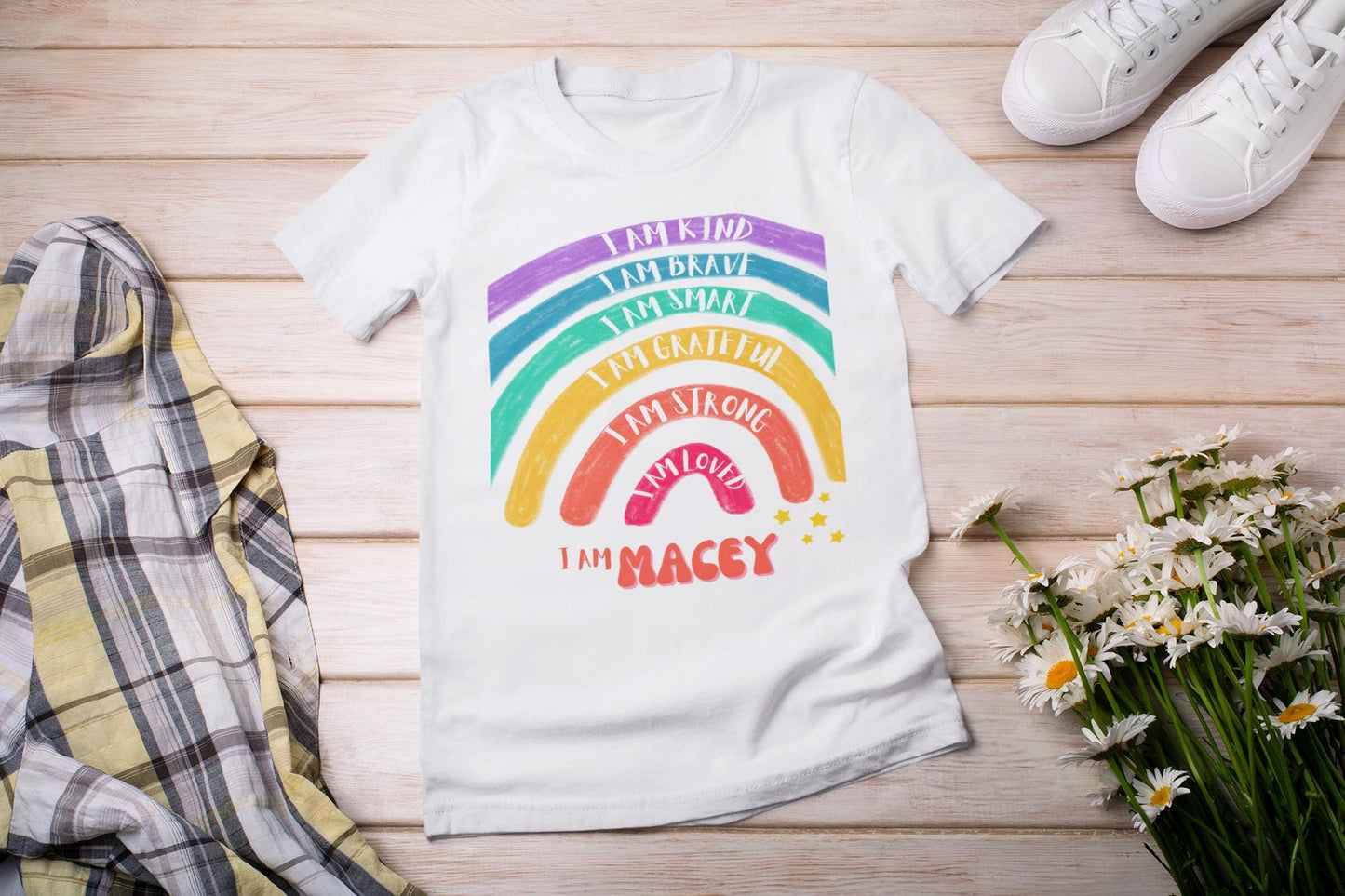 Personalised positive affirmations t-shirt - I am kind brave smart grateful strong loved - Inspirational Motivational Rainbow Print T-shirt