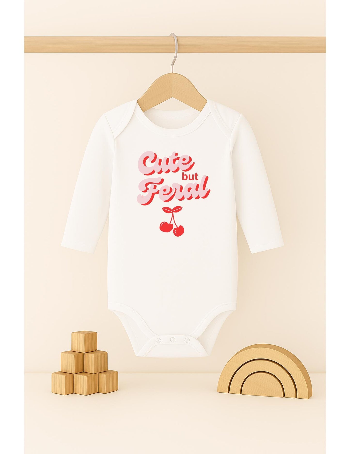 Cute but Feral T-shirt - Funny kids top - Cute cherry pattern - Children's T-shirt Gift - Pink and Red - Present for Girls