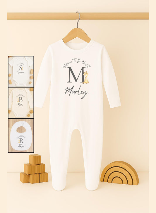 Personalised baby name bodysuit, Customisable giraffe name reveal sleep suit, Welcome to the world new baby vest, Baby grow, Baby shower gift