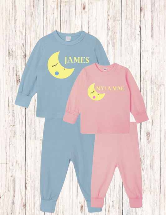 Baby Moon Personalised Pyjamas - Cute baby Pyjamas in pink or blue - Add your baby's name - Keepsake - Customised Baby Gift