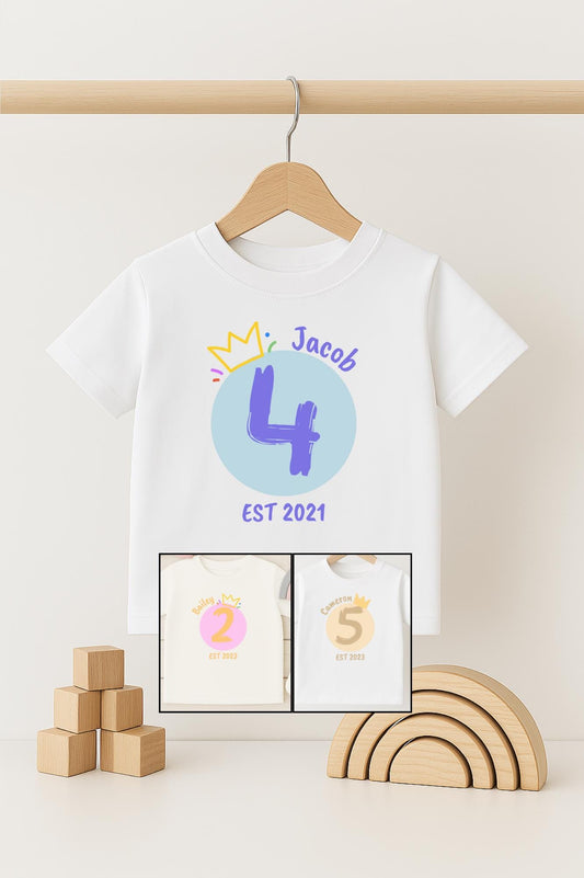 Personalised Birthday T-shirt with Name Age and Year Est - Cute and colourful kids T-shirt - Birthday top