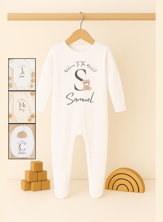 Personalised baby name bodysuit, Customisable baby name reveal sleep suit, Welcome to the world new baby vest, Baby bear grow gift