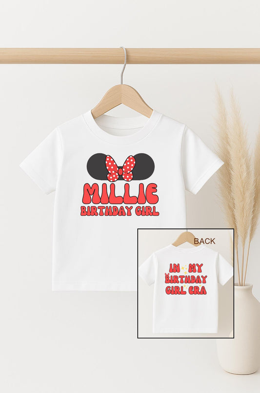 Mini Mouse Theme Personalised Birthday T-shirt - Mini Mouse Ears - Disney Theme - Birthday Girl Era - Customisable Gift for Girl
