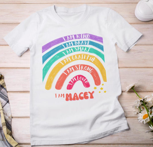 Personalised positive affirmations t-shirt - I am kind brave smart grateful strong loved - Inspirational Motivational Rainbow Print T-shirt