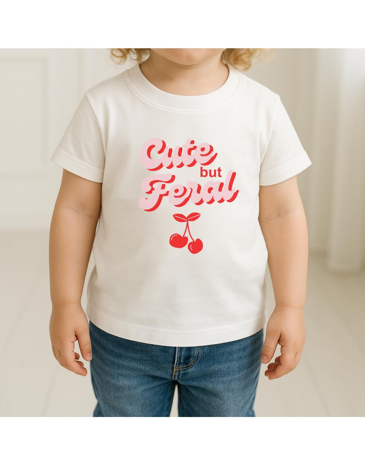 Cute but Feral T-shirt - Funny kids top - Cute cherry pattern - Children's T-shirt Gift - Pink and Red - Present for Girls