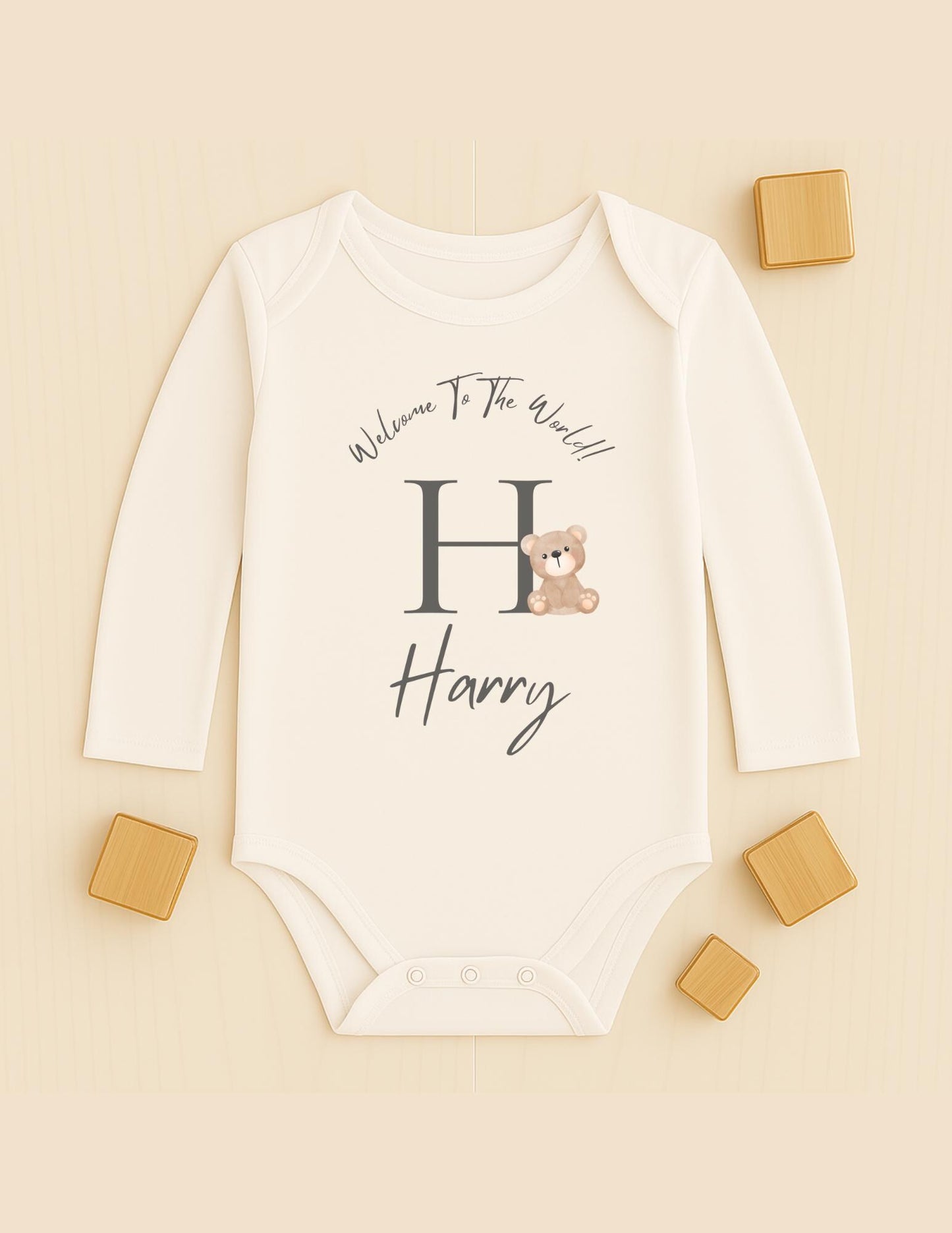 Personalised baby name bodysuit, Customisable baby name reveal sleep suit, Welcome to the world new baby vest, Baby bear grow gift