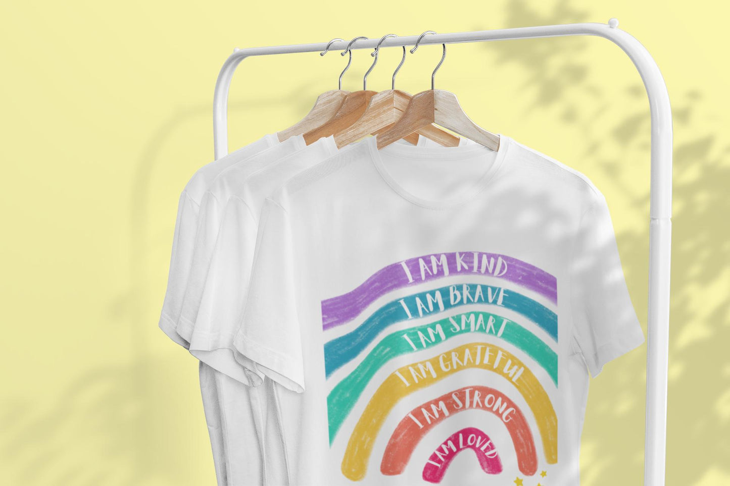 Personalised positive affirmations t-shirt - I am kind brave smart grateful strong loved - Inspirational Motivational Rainbow Print T-shirt