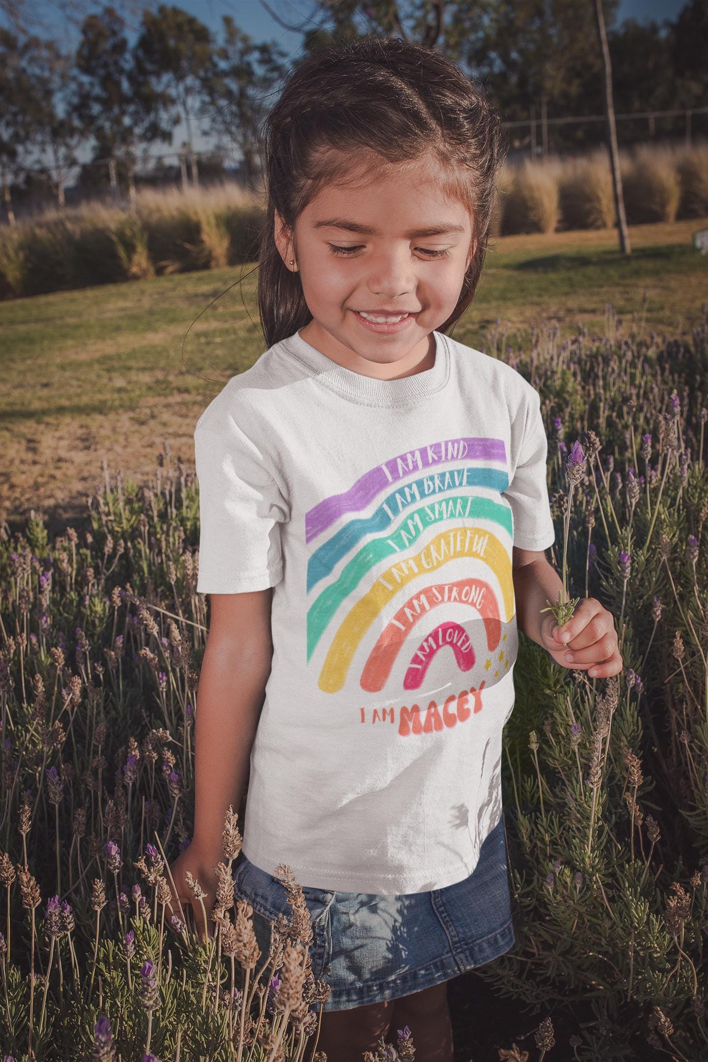 Personalised positive affirmations t-shirt - I am kind brave smart grateful strong loved - Inspirational Motivational Rainbow Print T-shirt