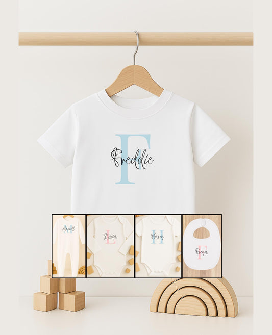 Personalised name t-shirt vest or sleep suit for children toddlers and babies, Baby boy gifts, Baby girl gifts, customisable present.