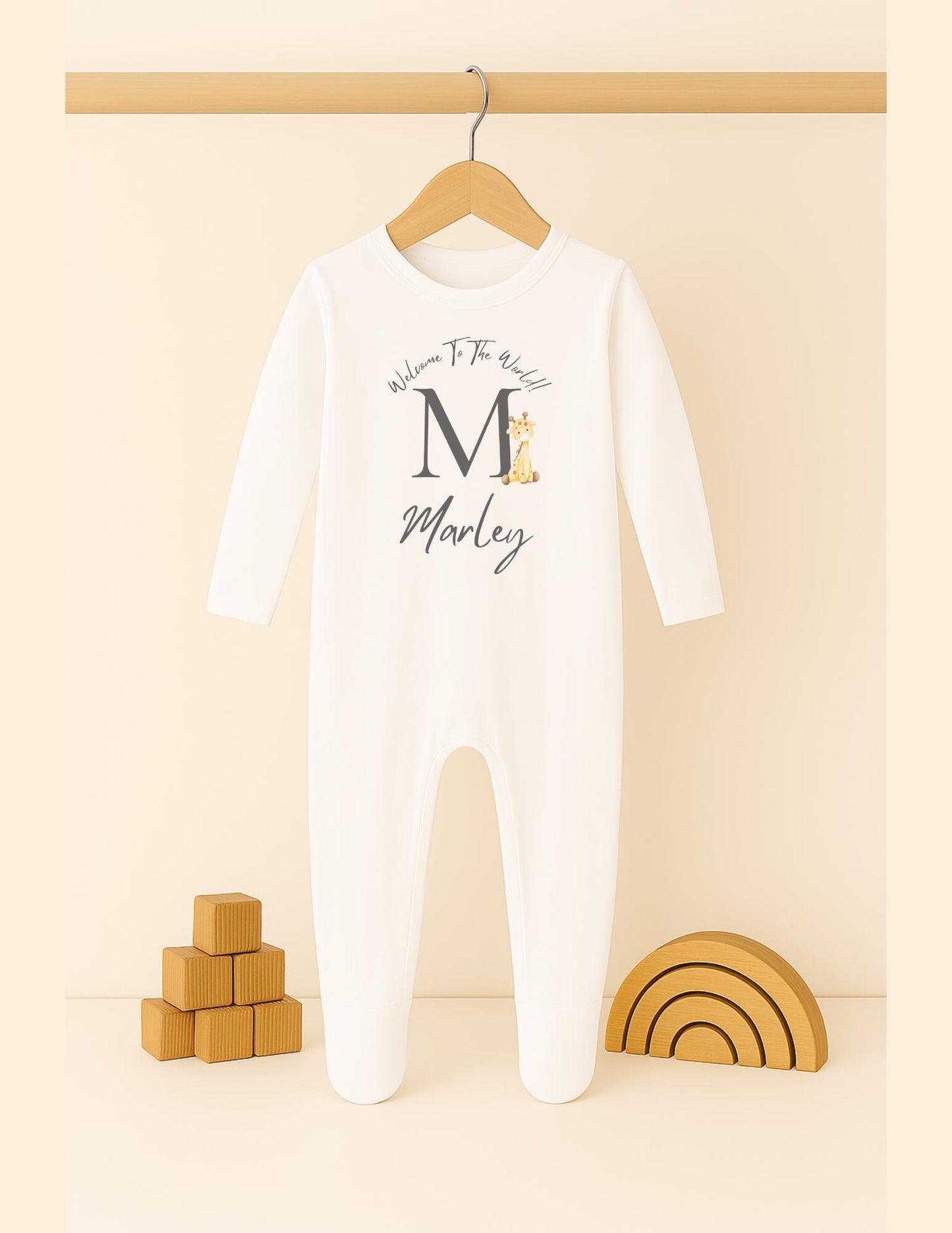 Personalised baby name bodysuit, Customisable giraffe name reveal sleep suit, Welcome to the world new baby vest, Baby grow, Baby shower gift